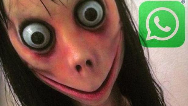 Das Gesicht der „Momo“-Figur neben dem WhatsApp-Logo.