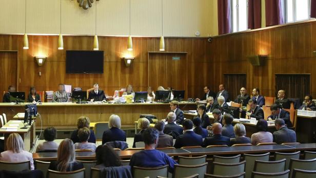 Ein Gerichtssaal mit Richtern, Anwälten und Zuschauern; an der Wand ein großer Adler.