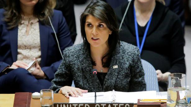 FILE PHOTO: U.S. Ambassador to the United Nations Haley speaks to members of the United Nations Security Council after voting for ceasefire to Syrian bombing in eastern Ghouta, at the United Nations headquarters in New York