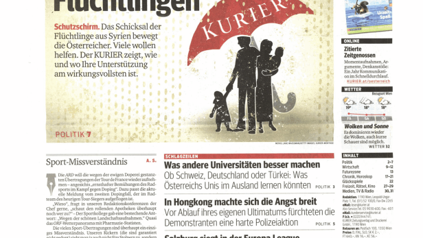 Titelseite des Kurier vom 3. Oktober 2014 mit dem Titel „Kurier-Leser helfen Flüchtlingen“.