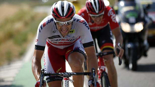 Lotto-Soudal rider Adam Hansen of Australia and Katusha rider Marco Haller of Austria ride during the 16th stage of the Tour de France cycling race