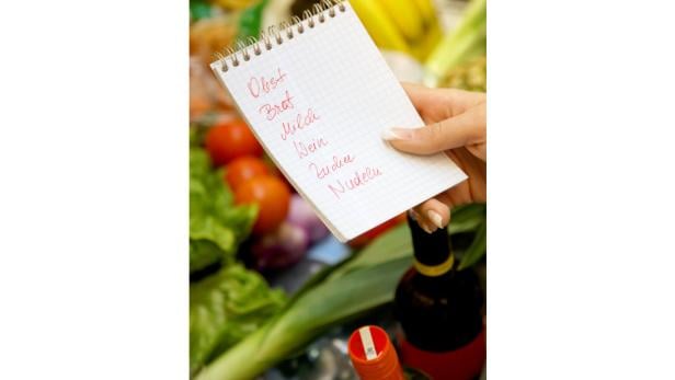 Einkaufszettel Einkauf Warenkorb Eine Hand hält eine Einkaufsliste mit den Einträgen Obst, Brot, Milch, Wein, Zucker und Nudeln.
