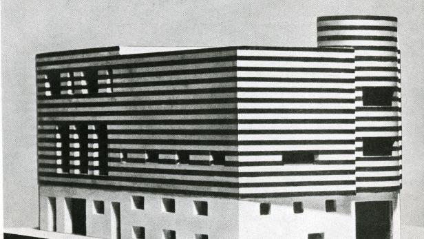 Ein Modell eines Gebäudes mit horizontalen Streifen und einem zylindrischen Turm.