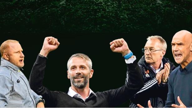 Quartett: Ex-Sturm-Coach Vogel, Salzburgs Sieggarant Rose, Rapid-Sportdirektor Bickel, Austria-Trainer Letsch