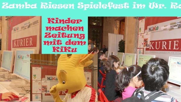 Kinder machen beim „Ramba Zamba Riesen Spielefest“ im Wiener Rathaus Zeitung mit dem Kiku.
