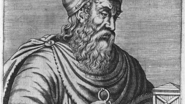 Eine Darstellung von Archimedes, dem griechischen Philosophen, der mit einem Zirkel hantiert.