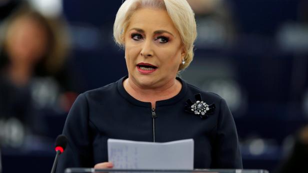 Romanian Prime Minister Dancila tdelivers a speech during a debate on the rule of law in Romania at the European Parliament in Strasbourg