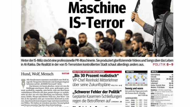 Titelseite des Kurier am Sonntag mit Artikeln über Vettel, IS-Terror und Medizin.