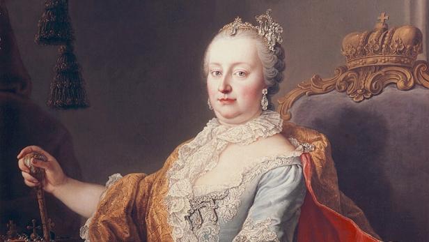 Ein Porträt von Maria Theresia mit Krone und Zepter.