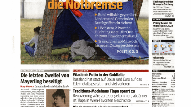 Titelseite des Kurier vom 1. August 2015 mit dem Schwerpunktthema Flüchtlingspolitik.