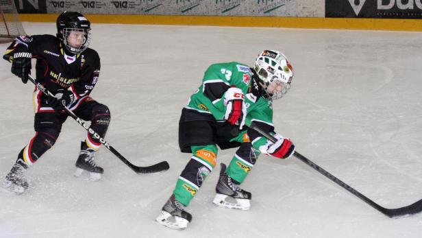 Zwei junge Eishockeyspieler auf dem Eis mit Schlägern.