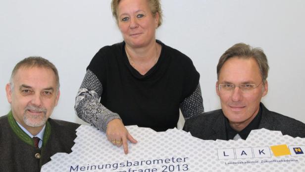 Drei Personen präsentieren das „Meinungsbarometer Umfrage 2013“ der Landesakademie Zukunft.