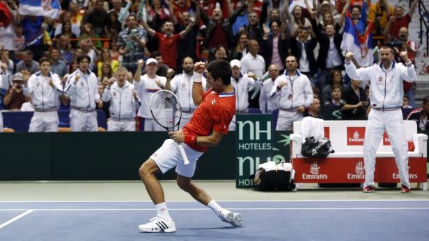 Serbia&#039;s Novak Djokovic reacts after defeating John Isner of the U.S. during their Davis Cup quarter-final tennis match in Boise, Idaho April 5, 2013. REUTERS/Jim Urquhart (UNITED STATES - Tags: SPORT TENNIS)