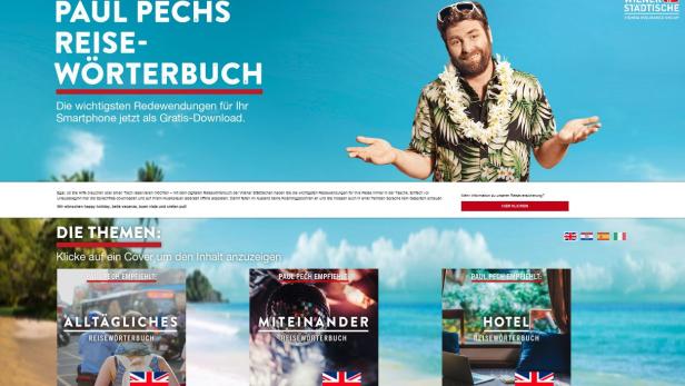 Werbung für Paul Pechs Reisewörterbuch mit einem Mann im Hawaiihemd vor blauem Himmel.