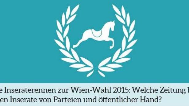 Ein weißes Pferd mit Sattel in einem Lorbeerkranz auf blauem Hintergrund.