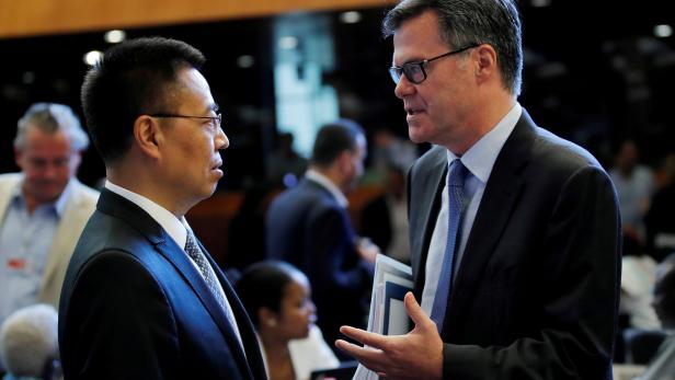 FILE PHOTO: Shea U.S. Ambassador to the WTO talks with Zhang Chinese Ambassador to the WTO before the General Council meeting in Geneva