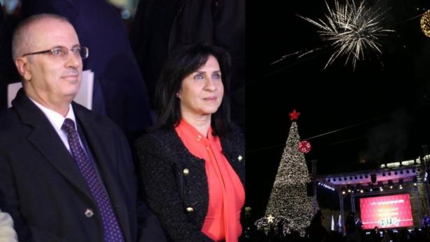 Als Bürgermeisterin &quot;entzündete&quot; Vera Baboun jährlich den Christbaum in Bethlehem (m. Premierminister Rami Hamdallah)