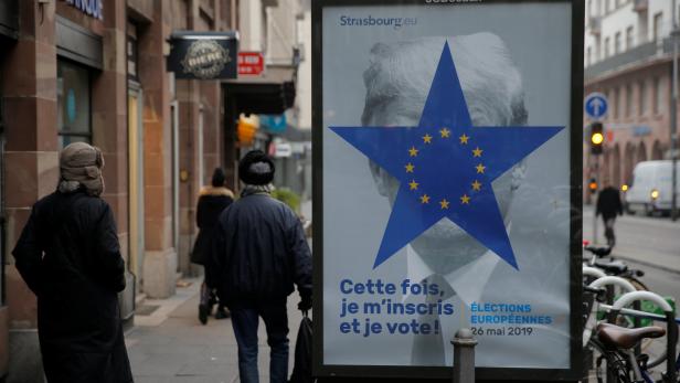 Werbung für die Teilnahme an den EU-Wahlen läuft wie hier in Straßburg schon an