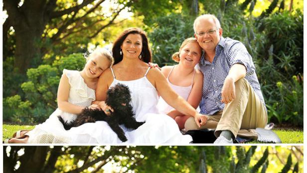 Scott Morrison und seine Familie lächeln in die Kamera – im oberen Bild ist rechts sein &quot;zweiter&quot; linker Fuss zu sehen.