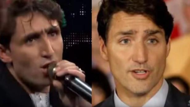 Ein Vergleich von Justin Trudeau, einmal singend und einmal in einem Interview.