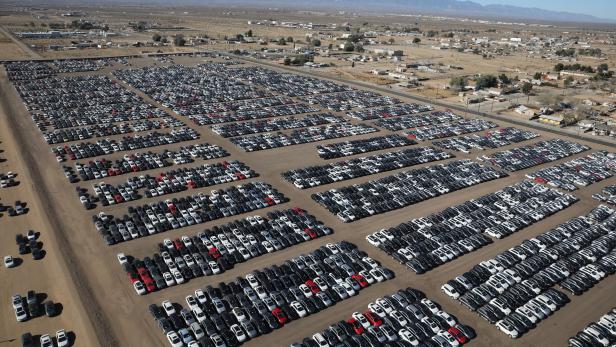 Reacquired Volkswagen and Audi diesel cars sit in a desert graveyard near Victorville