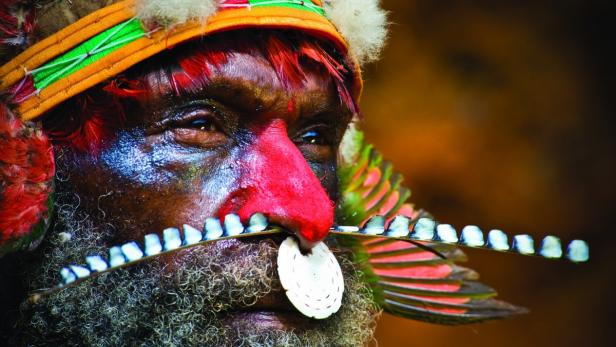 Ein Mann aus Papua-Neuguinea mit traditioneller Gesichtsbemalung und Kopfschmuck.