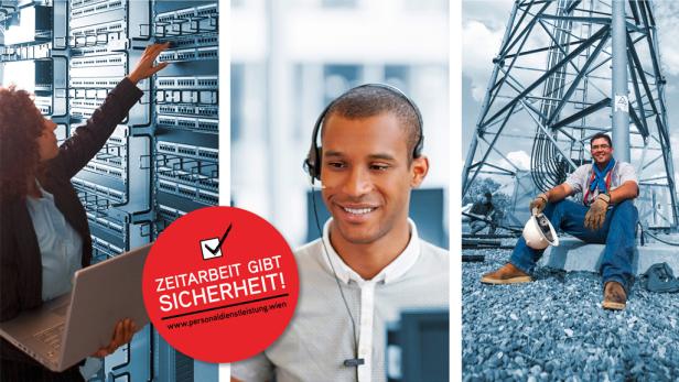 Eine Frau arbeitet an einem Server, ein Mann mit Headset lächelt, ein Arbeiter sitzt an einem Sendemast.