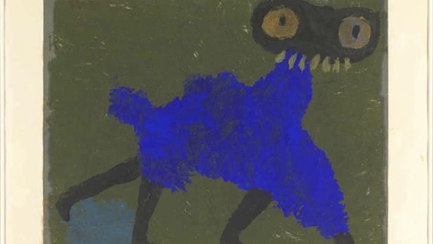 Ein blaues, abstraktes Tier mit großen Augen auf grünem Hintergrund.