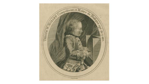 Der siebenjährige W.A. Mozart auf seiner Europa-Reise, Radierung von T. Cook, London 1769
