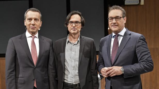 Christian Kern (ehemals SPÖ), Klaus Webhofer (Moderator), Heinz-Christian Strache (FPÖ)