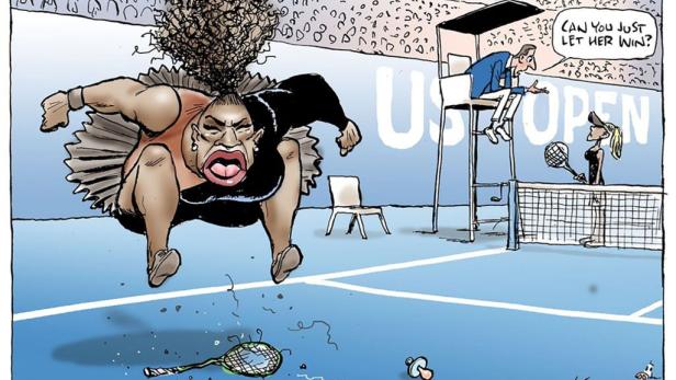 Karikatur von Serena Williams bei den US Open, die ihren Schläger auf den Boden wirft, während der Schiedsrichter sagt: „Kannst du sie einfach gewinnen lassen?".
