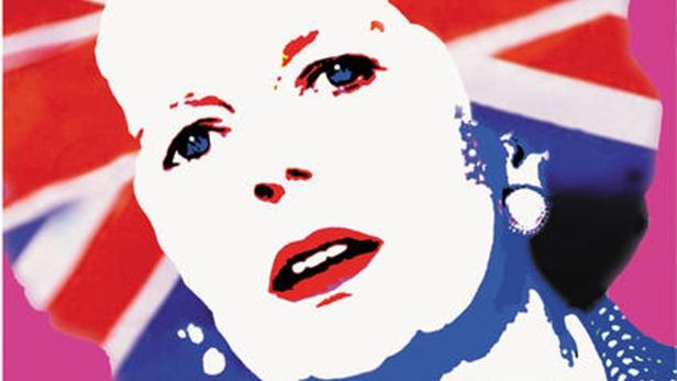 Ein Pop-Art-Porträt von Königin Elisabeth II. vor dem Hintergrund der britischen Flagge.