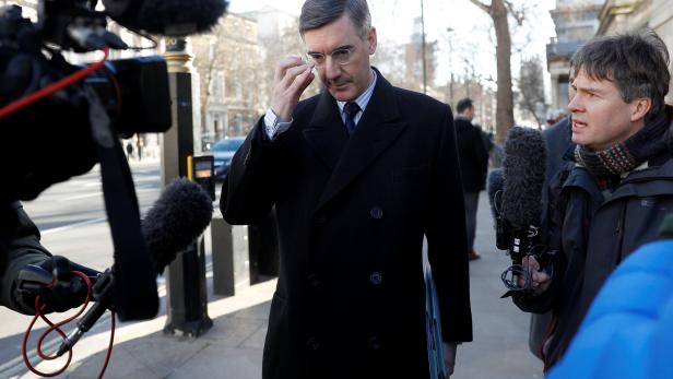 British Conservative Party Member of Parliament Jacob Rees-Mogg leaves the Cabinet office, in London