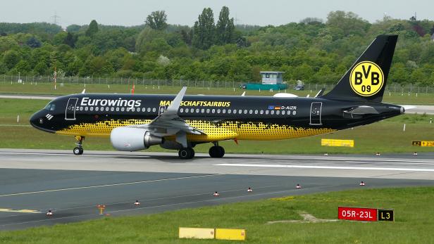 The plane of German Bundesliga soccer team Borussia Dortmund takes off from Duesseldorf Airport