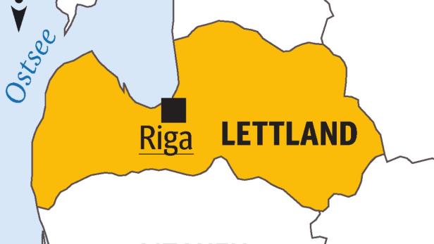 Eine Karte von Lettland, hervorgehoben in Gelb, mit der Hauptstadt Riga.