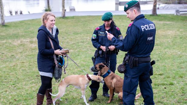 Polizisten der Polizeidiensthundeeinheit (PDHE) mit ihren Hunden bei einer Kontrolle 