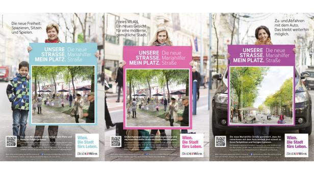 Drei Werbeplakate für die Neugestaltung der Mariahilfer Straße in Wien, die mehr Platz für Fußgänger verspricht.