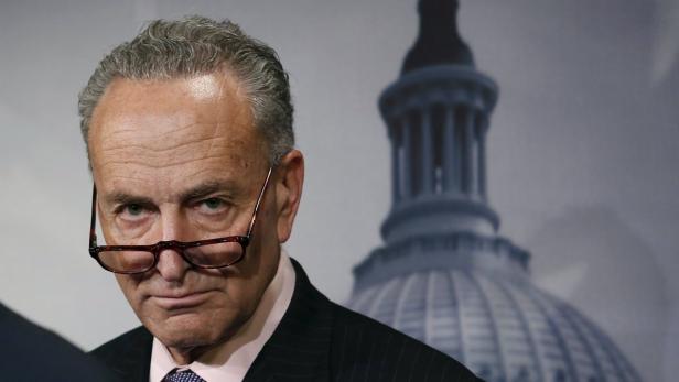 Chuck Schumer steht vor einem Bild des Kapitols.