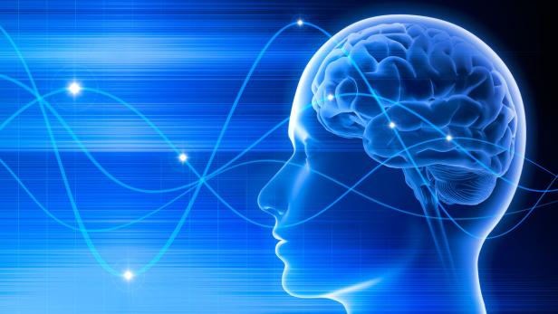 Eine stilisierte Darstellung des menschlichen Gehirns in einem blauen, futuristischen Design.