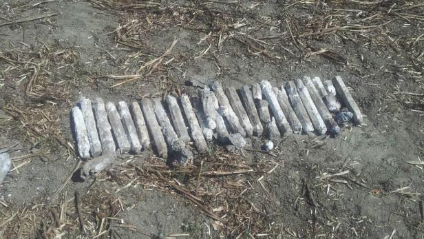 Eine Reihe von Kalkstangen liegt auf einem Feld mit Pflanzenresten.