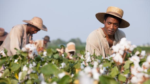Mehrere Baumwollpflücker arbeiten auf einem Feld unter blauem Himmel.