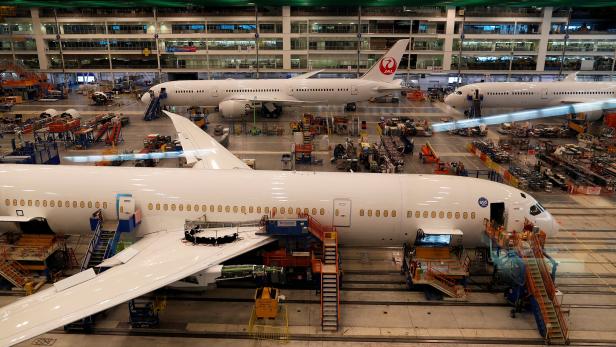 FILE PHOTO: A Boeing 787-10 aircraft being built for Singapore Airlines sits in the Final Assembly Area before a delivery ceremony of the first Boeing 787-10 Dreamliner at Boeing South Carolina in North Charleston