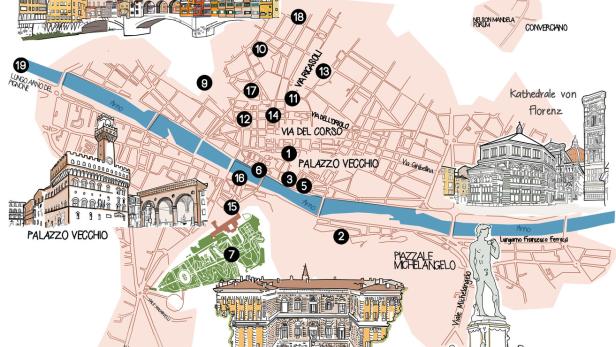 Eine illustrierte Karte von Florenz mit Sehenswürdigkeiten wie dem Palazzo Vecchio und dem Ponte Vecchio.