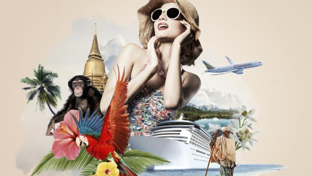 Eine Frau mit Hut und Sonnenbrille, umgeben von Urlaubsmotiven wie einem Affen, einem Flugzeug und einem Kreuzfahrtschiff.