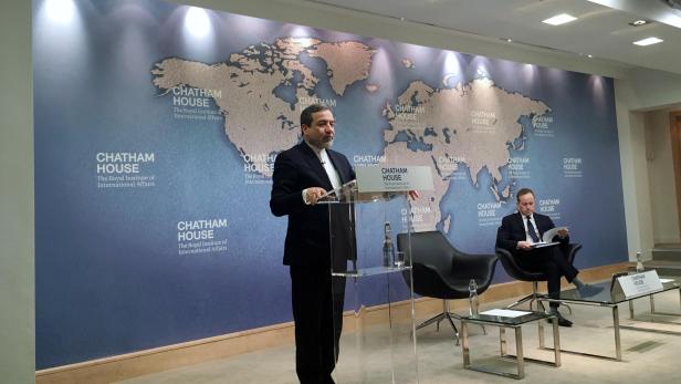 FILE PHOTO: Iran`s Deputy Foreign Minister Abbas Araqchi speaking at the Chatham House think tank in London