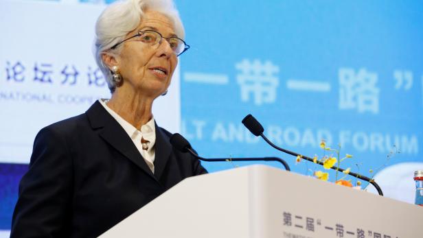 IMF Managing Director Christine Lagarde attends a thematic forum of the second Belt and Road Forum for international cooperation in Beijing