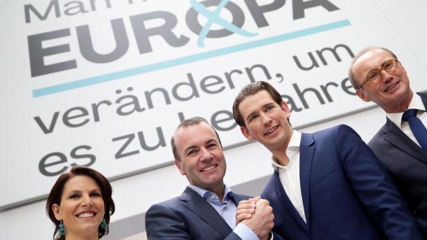 Austrian Chancellor Sebastian Kurz, Manfred Weber of Germany's CSU Party and Karoline Edtstadler and Othmar Karas, top candidates of Austria's OeVP Party for the European elections, attend a campaigning event in Vienna