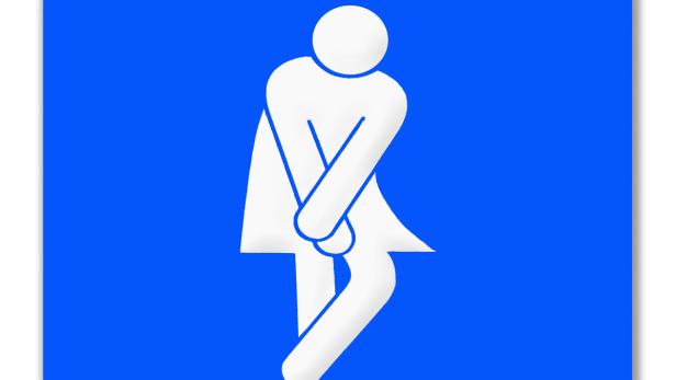 Ein Piktogramm auf blauem Grund, das eine Frau mit Harndrang darstellt.