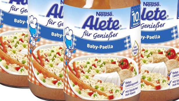 Mehrere Gläser Nestlé Alete Baby-Paella für Babys ab dem 10. Monat.