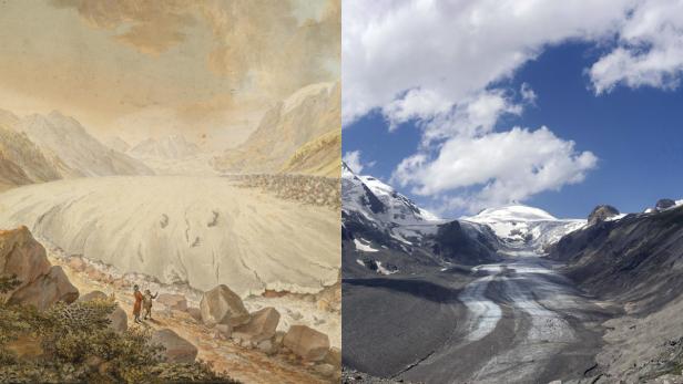 Ein Vergleich eines Gletschers in den Alpen, einmal als Gemälde und einmal als aktuelles Foto.